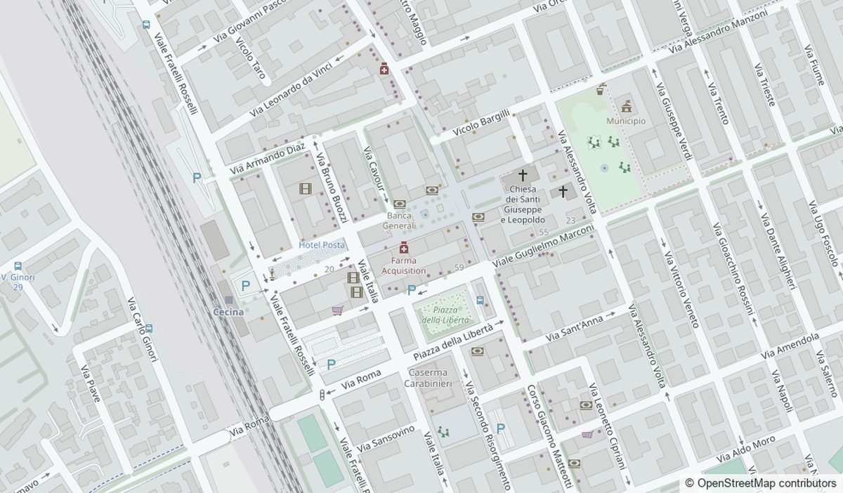 Mappa del centro di Cecina: il Palazzetto dei Congressi si trova in Piazza Guerrazzi